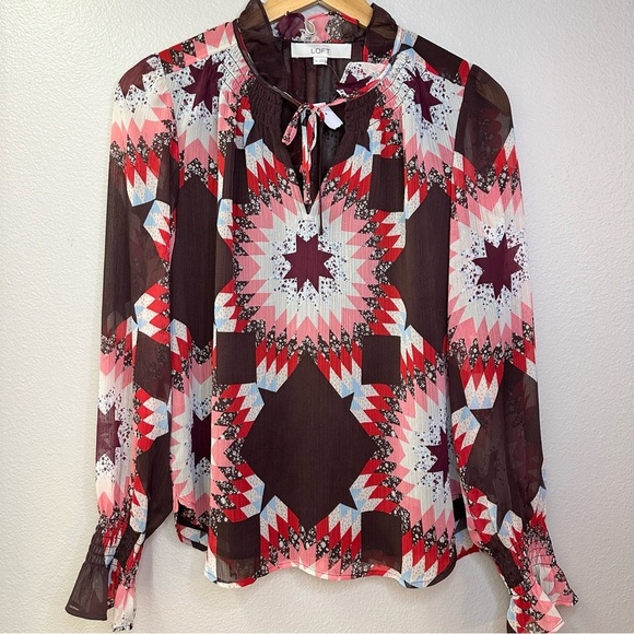 NWT LOFT Garden Smocked Ruffle Tie Neck Blouse Windsor Wine Ruffle Sheer Flowy - Picture 10 of 10